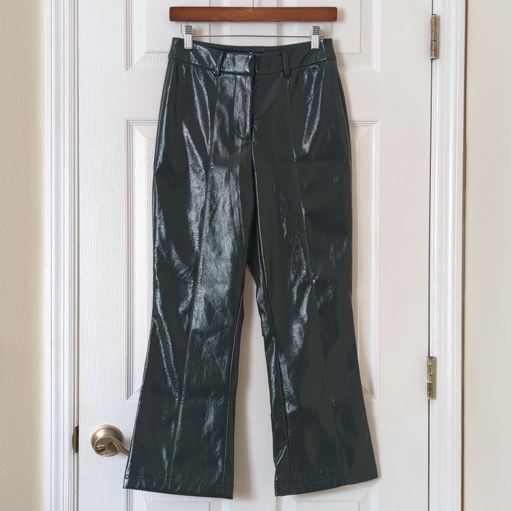 7 For All Mankind Faux Patent Leather Slim Cropped Kick Flare Pants Emerald S